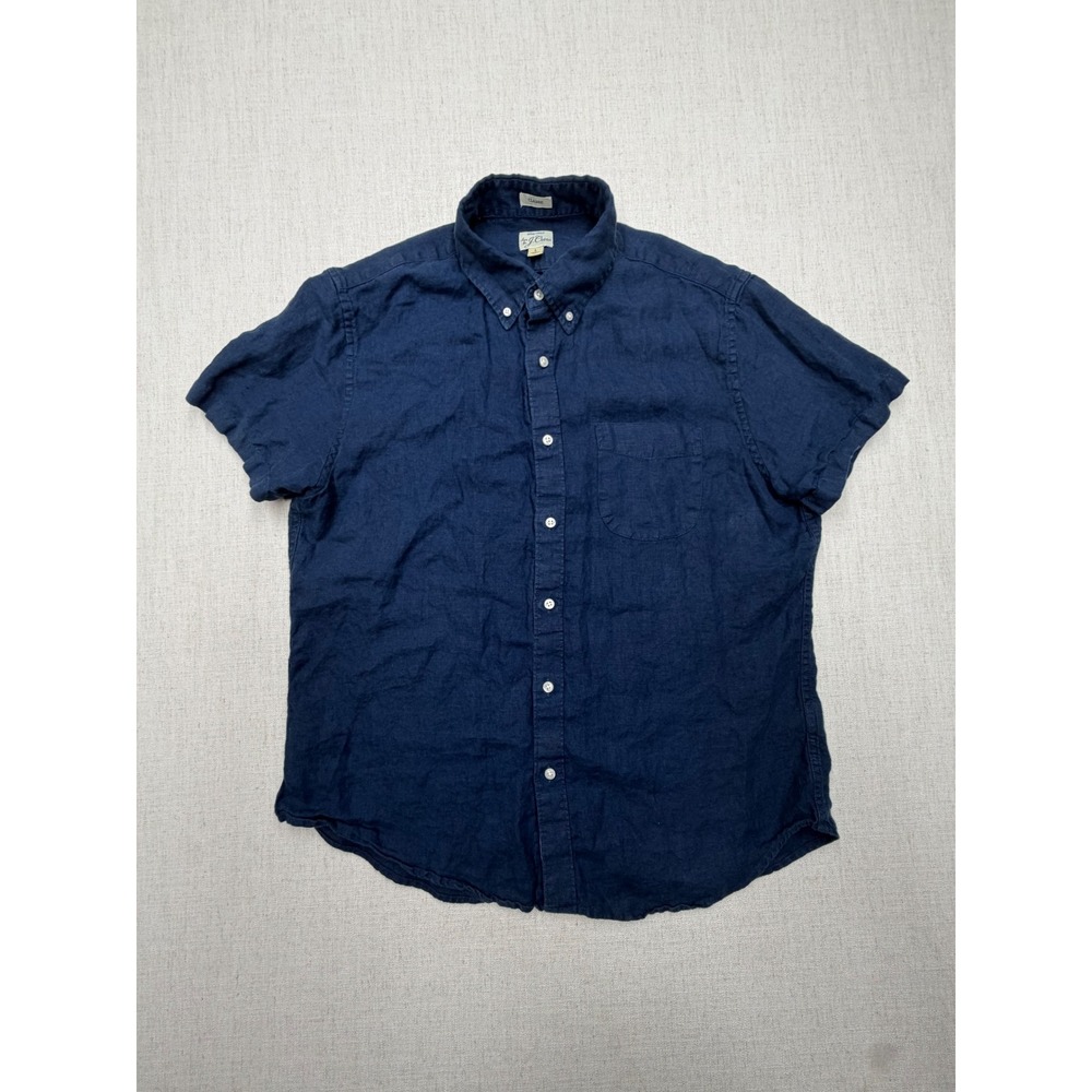 J.Crew Mens Navy Blue Baird McNutt Irish Linen Short Sleeve Button Down Shirt L